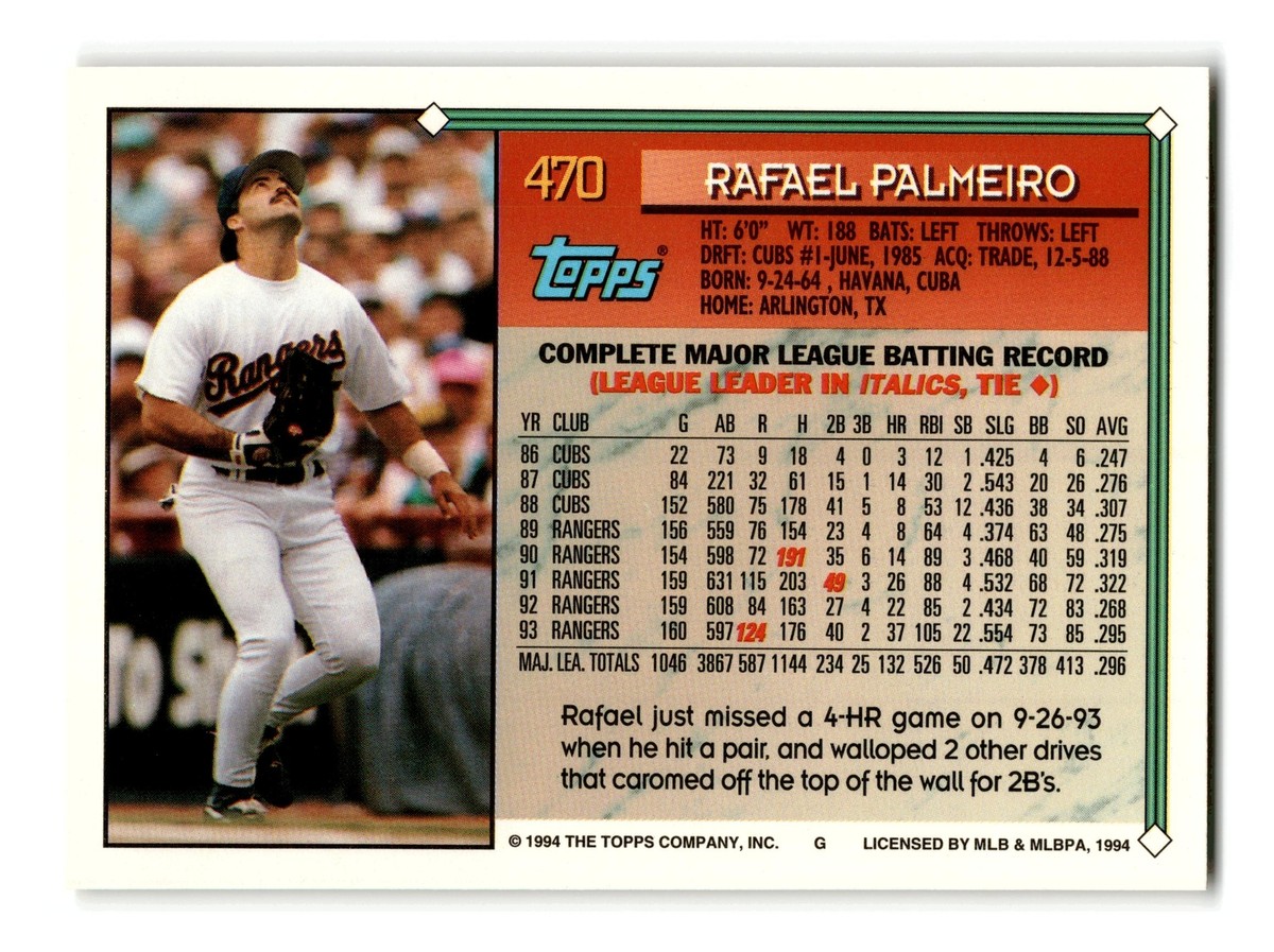 Rafael Palmeiro 1994 Topps #470 Texas Rangers Centered Mint