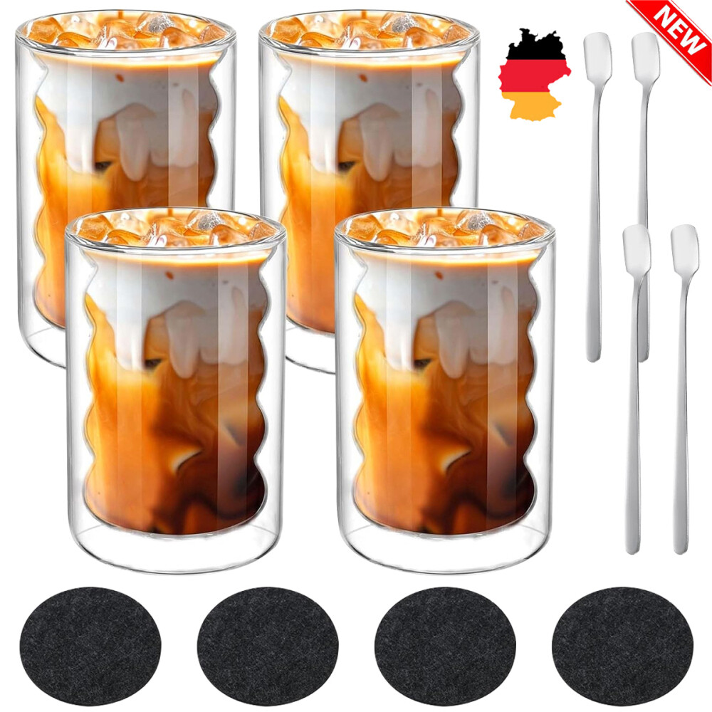 Latte Macchiato Gläser 350ml 4er Pack mit 4 Löffeln Doppelwandige Kaffeegläser