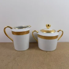 Bernardaud Limoges Villiers Creamer & Sugar Bowl Incrustation or fin Gold Band