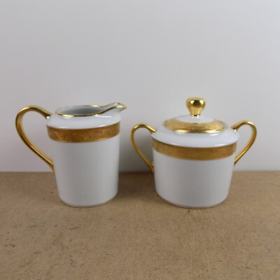 #ad Bernardaud Limoges Villiers Creamer amp; Sugar Bowl Incrustation or fin Gold Band $214.50