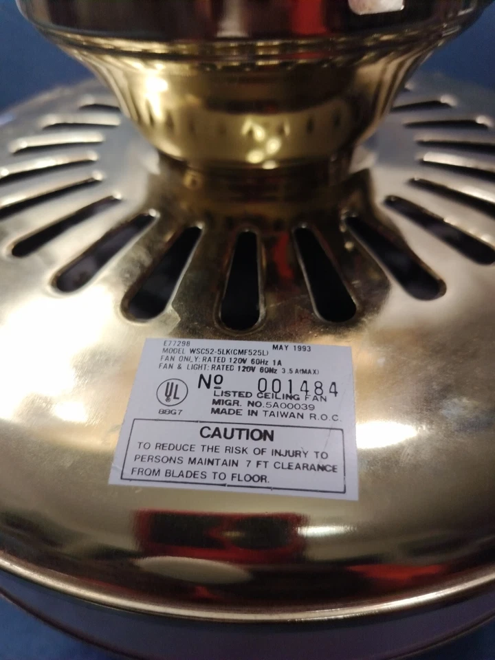 "Ventilador de techo blanco vintage años 90 52"" piezas latón Ul 88g7 E77298 # 001484 probado" Foto 4 de 4