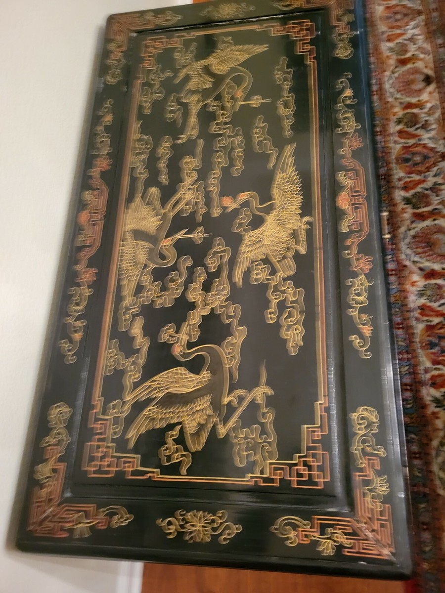Japanese Black Lacquer Asian Gold Hand Painted Chest Cedar Trunk