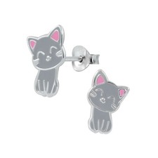 925 Sterling Silver Cat Kitten Cute Grey Pink Ears Kids Girls Stud Earrings