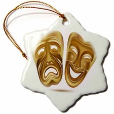 3dRose Two Gold Drama Masks 3 inch Snowflake Porcelain Ornament