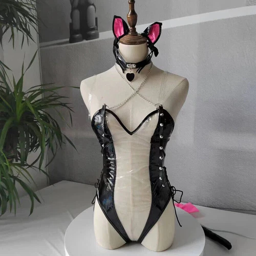 Sexy Lingerie Anime Bodysuit Uniform Cat Costume Cosplay Dress Leather Nightwear - Picture 8 of 17