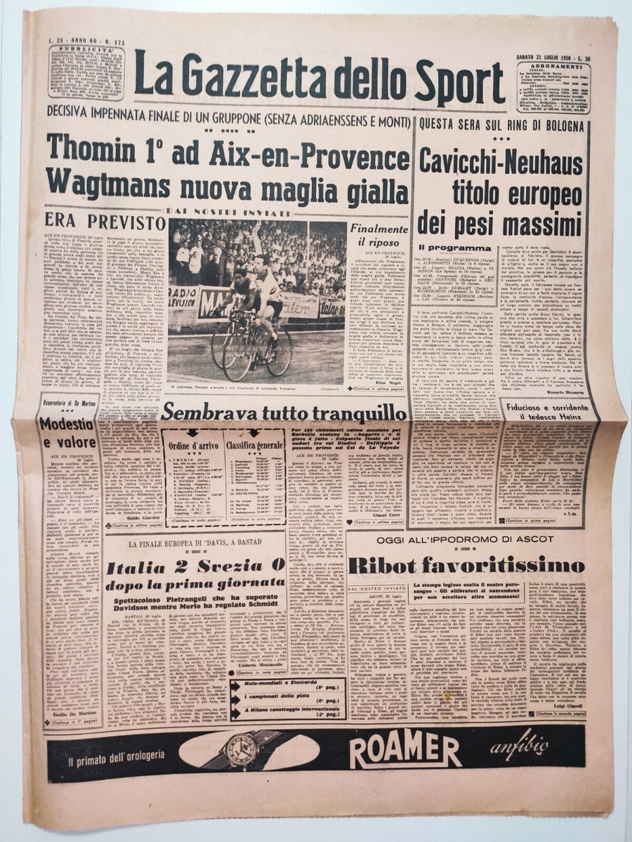 Gazzetta Dello Sport Du 24 Juillet 1956 – Defilippis, Tour De France, Coppa Davis