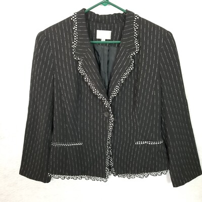 ALBERTO MAKALI Striped Dotted Chiffon Trim L/S Cropped Jacket Black Size 12