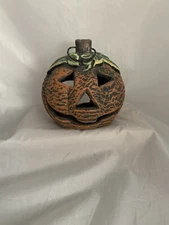 Halloween Pumpkin Primative Folk Art Candle Holder Tea Light Votive Ceramic