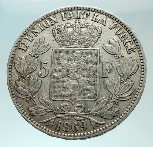 1869 BELGIUM with King LEOPOLD II and LION Genuine Silver 5 Francs Coin i75943 - Picture 2 of 3