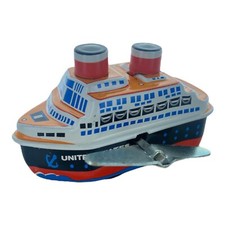 Vintage Windup Tin Toy Small Ship Vessel Sea Cargo Cruise