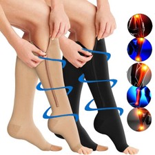 Women Men Zipper Compression Socks 20-30 mmHg Open Toe Knee Support Stockings US