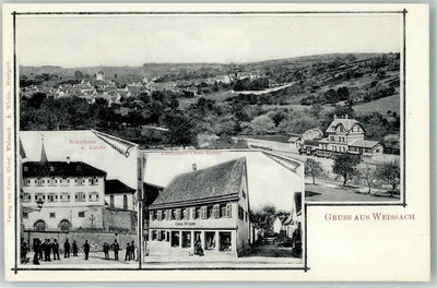 13471983 - 7251 Weissach Schulhaus u. Kirche Kaufmann Cuno Hirzel Bahnhof