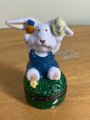 Easter Bunny Hinged Trinket Box Ceramic 3.5'' Vintage Rabbit Keepsake Spring