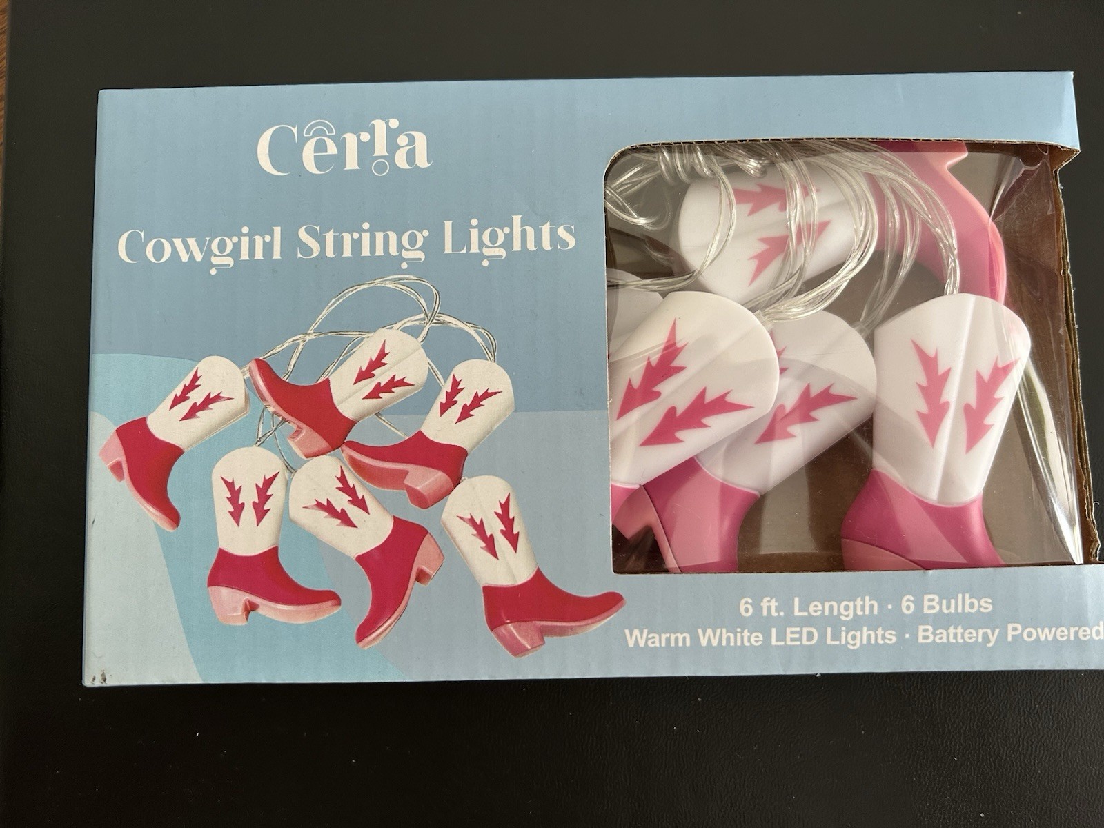 Pink and White Cowgirl Boot String Lights 6FT 6 Bulbs New In Box