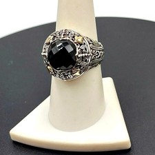 Designer Signed GA Sterling Silver 18k Gold Faceted Onyx Stone Ring Sz 8.25