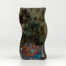 Raku Pottery Vase Crackle Glaze Iridescent Wavy 6” Brutalist Textured Decor