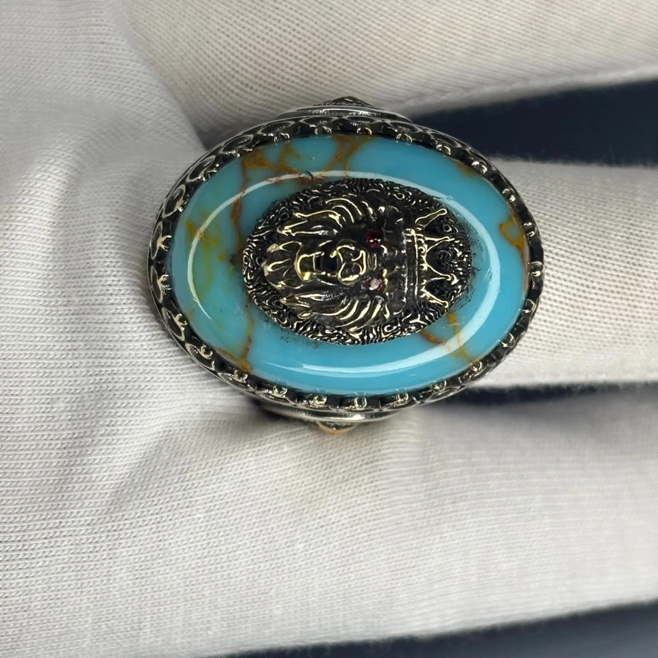 Turquoise Lion Head Men’s Ring 925 Sterling Silver, Bronze Accents Ring size 11 - Image 3 of 4