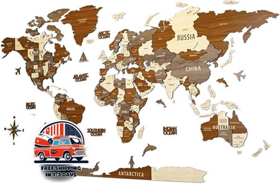 #ad Mapa mundial de madera 3D multicapa mapa de viaje con estados y capitales NUEVO $199.99