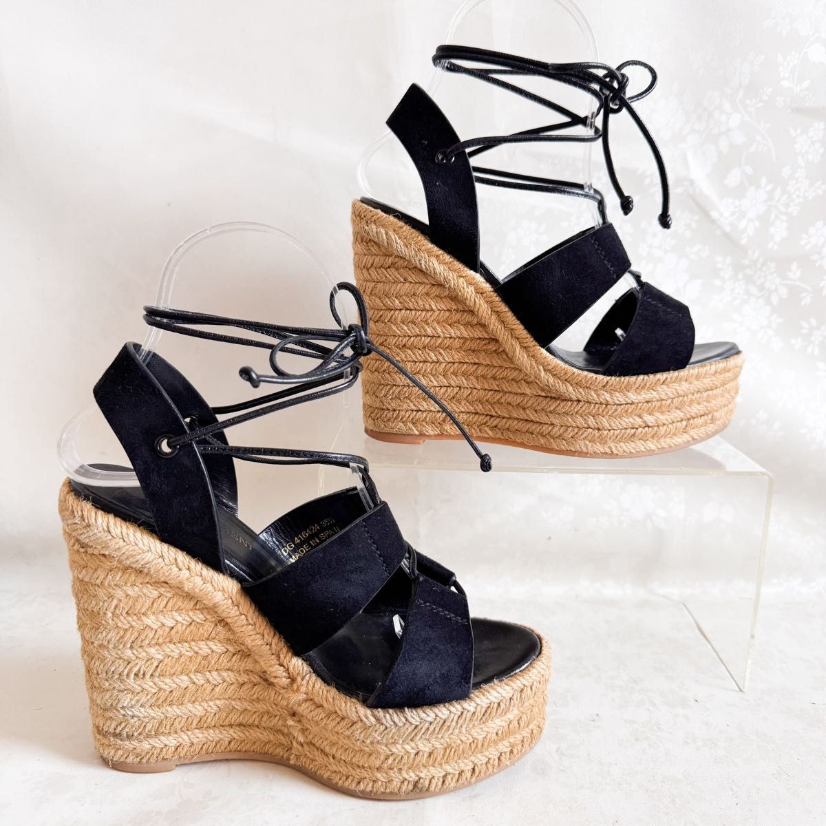 Sandali con zeppa Saint Laurent stringati scamosciati neri 35 5