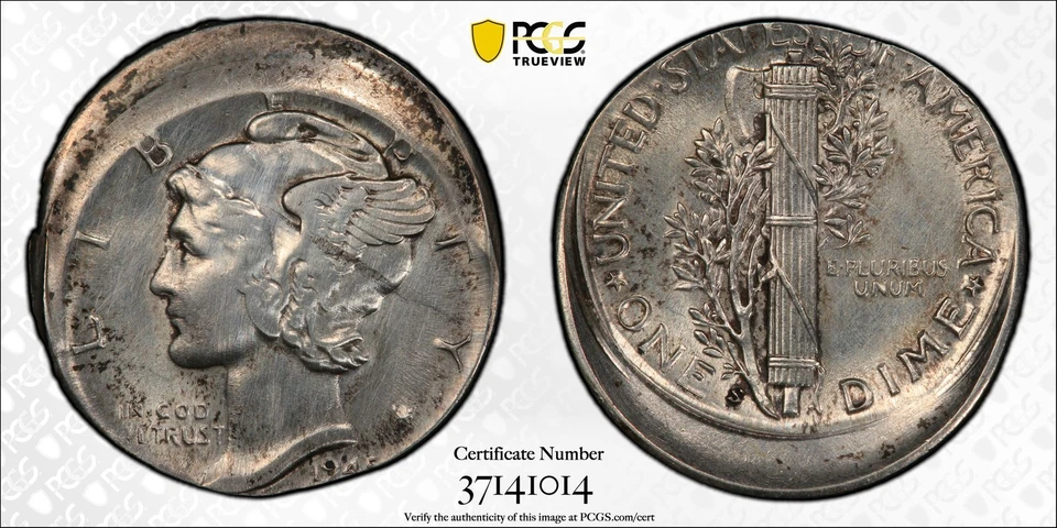 1945-S Mercury Dime Mint Errors, Struck 12 % Off Center, PCGS TrueView AU Detail - Image 3 of 3