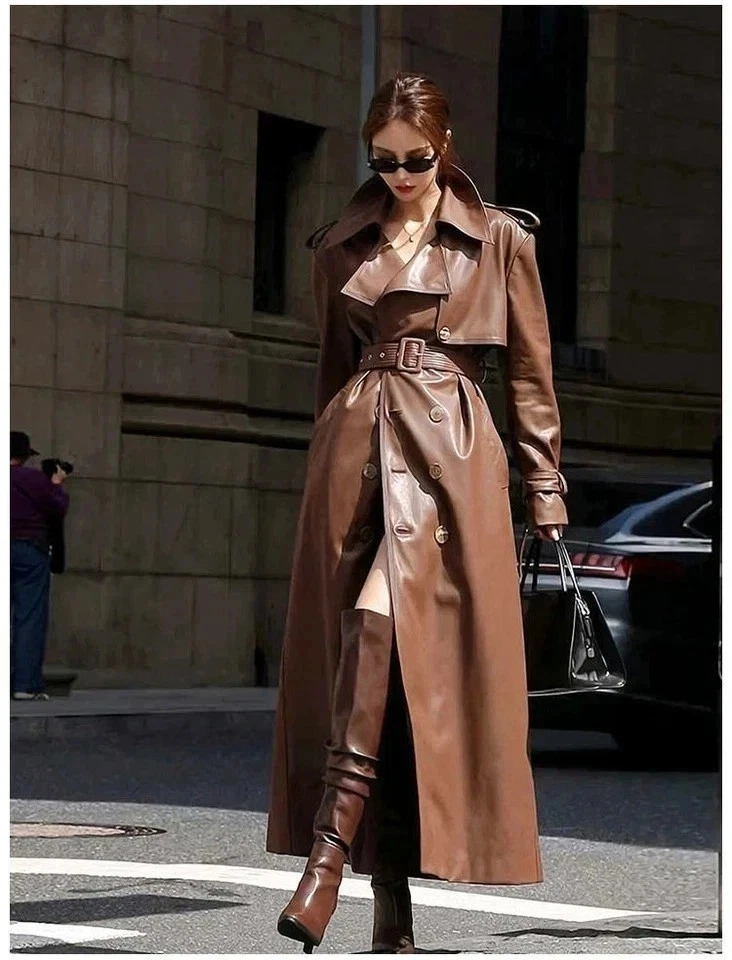 Leather Women Trench Long Coats Jacket Lambskin Double Faced Breasted Brown 1 - product detail image 3