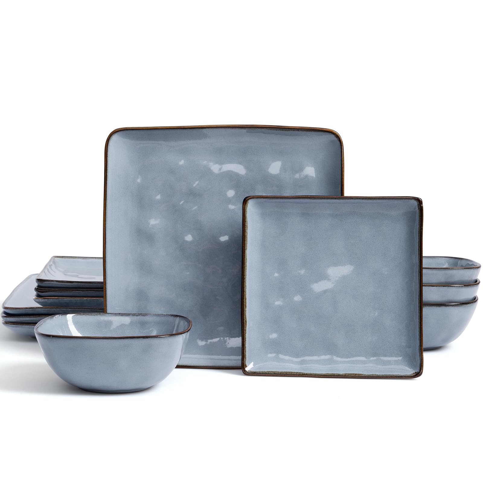 Famiware Dinnerware Sets for 4, Ocean Square 12-Piece Kitchen Plates and Bowls