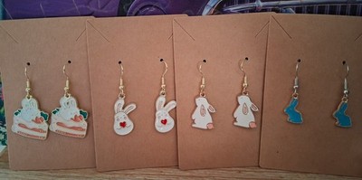4pr Handcrafted Bunny Rabbit Dangle Earrings Set, metal Gold Tone, Easter Theme