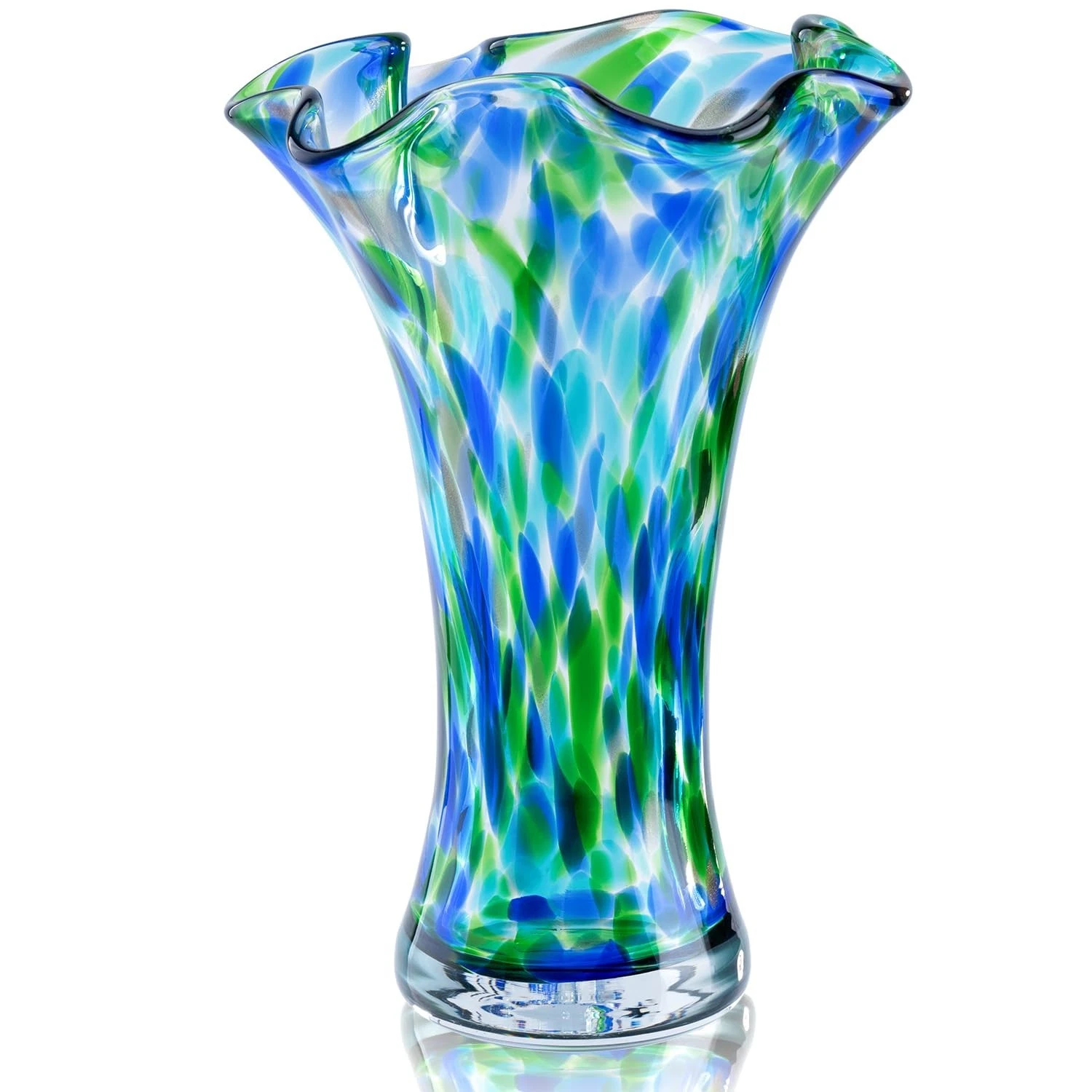 Hand Blown Glass Vase for Flowers, 9" Unique Murano Style Art Glass Vase, Wid...