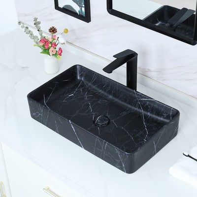 23.6''x13.3'' Large Nordic Marbling Matte Black Rectangle Vessel Sink with Po...