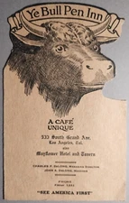 c1930 Ye Bull Pen Inn Menu Los Angeles CA Mayflower Hotel South Grand Ave. B4-28