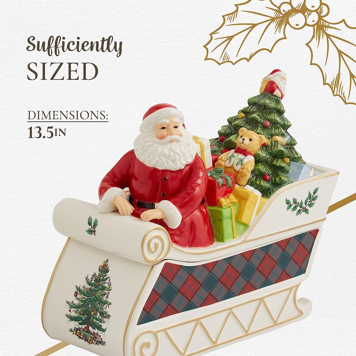 Spode Christmas Tree Santa in Sleigh Cookie Jar - 13.25