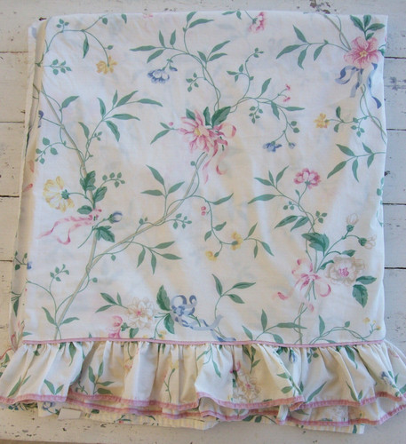 VTG Waverly Floral Ruffle Top Queen Flat Sheet~Flowers+Vines+Bows~No-Iron 220 TC
