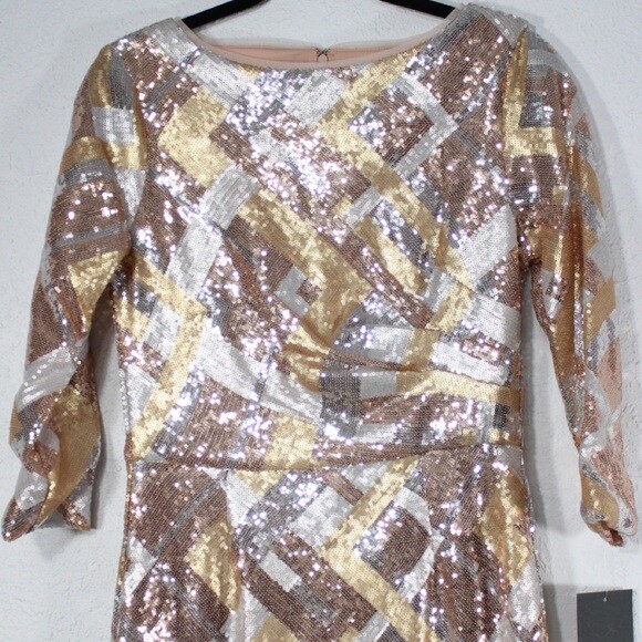 Marina Dresses | Marina 3/4 Sleeve Sequin Gold Dress Size 6 | Color: Gold | Size: 6 | Evekat123's Closet