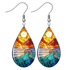 Ocean Waves  Sunset Beach Faux Stained Glass Art Dangle Earrings Teardrop