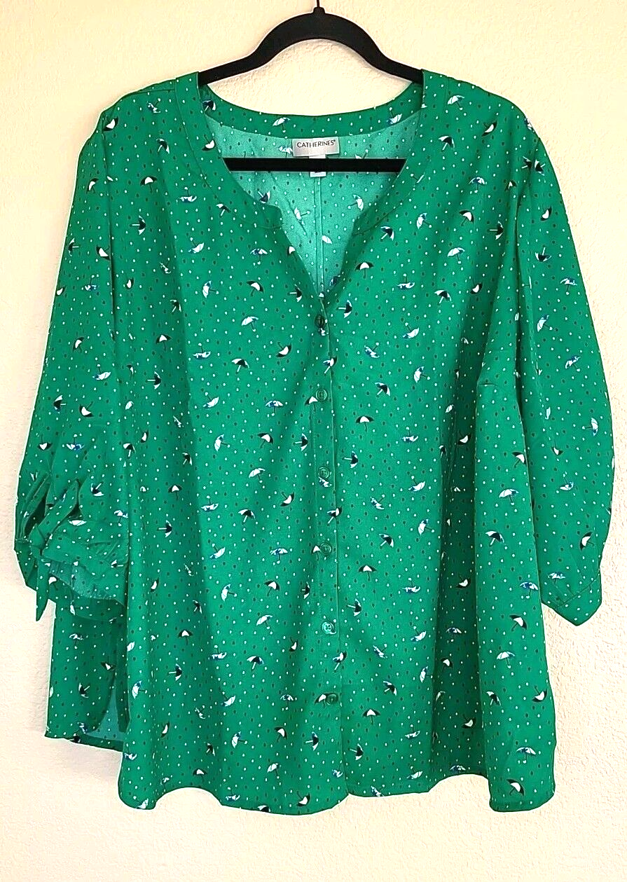 Catherines Green Umbrella Print Short Sleeve Button Down Blouse Size 3XP