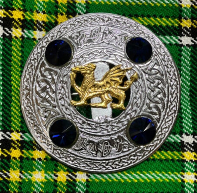 Scottish Kilt Fly Plaid Brooch Welsh Dragon Gold Finish Badge In 4 Blue Stones