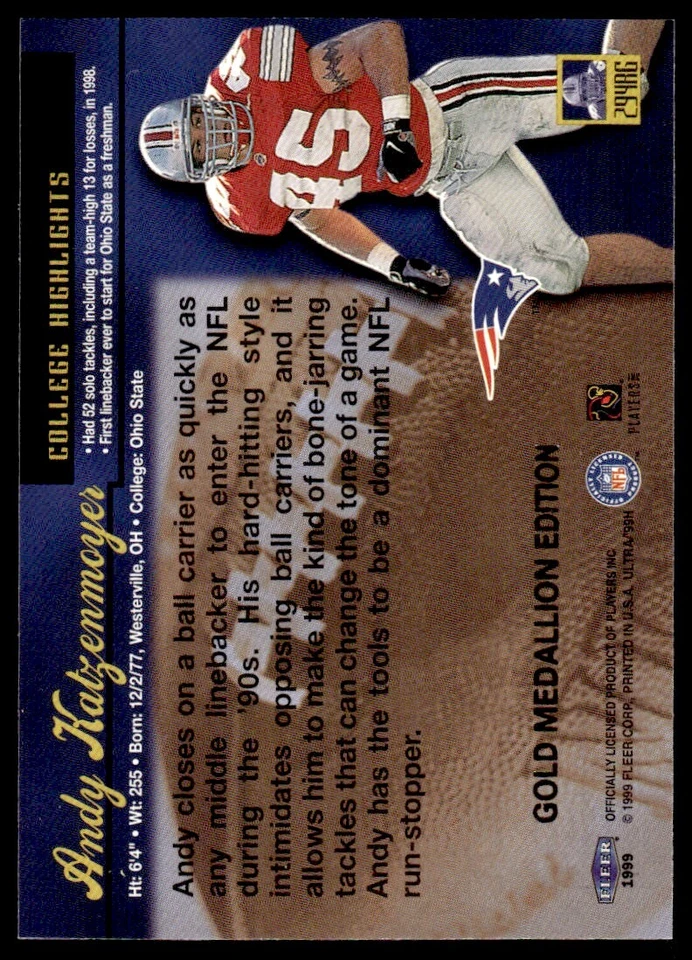 1999 Ultra Gold Medallion ROOKIE Andy Katzenmoyer Rookie New England Patriots - Image 2 of 2