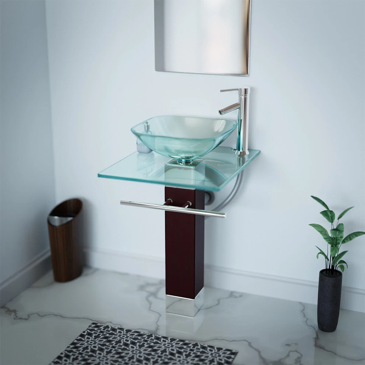 Rectangle Glass Wood Bathroom Pedestal Sink with Chrome Faucet