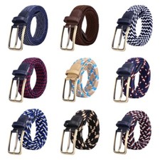 Men's Stripe Knitted Crochet Canvas Belt Gold Pin Buckle Woven Stretch Waistband