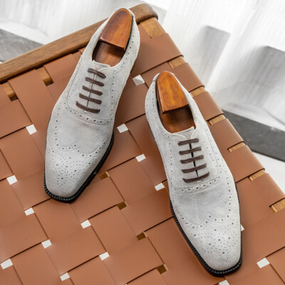 Men's Purple Leather Block Shoes Gray Genuine Leather Suede Brogue Carved Shoes