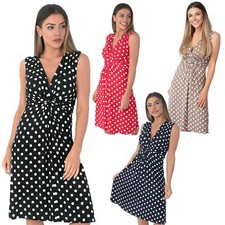 Womens Dot Print Dress Retro Vintage Pleated Mini V Neck Wrap Top Swing Party