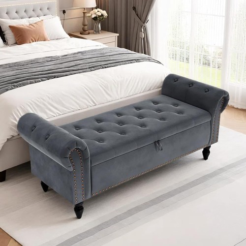 Asiento, banco tapizado con espacio de almacenamiento, banco de cama con tapa, terciopelo acolchado gris - Imagen 7 de 8