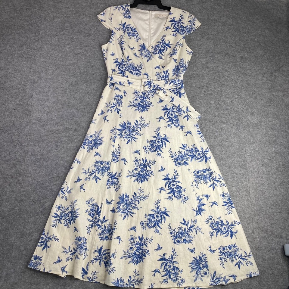 OASIS White & Blue Women's Dress, Long Midi, Cap Sleeves, Faux Wrap Belt Size 10