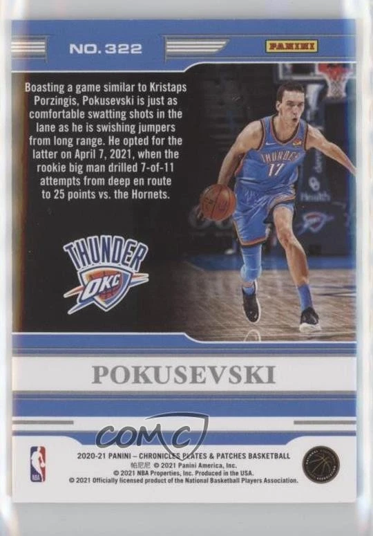2020-21 Panini Chronicles Plates and Red /149 Aleksej Pokusevski Rookie Patch RC - Image 2 of 2
