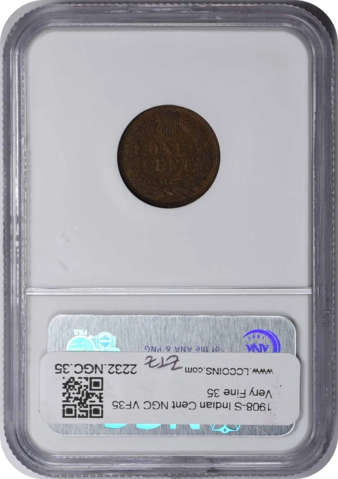1908-S Indian Cent VF35BN NGC - Image 2 of 2