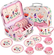 Floral Tea Party Set for Little Girls As 3-6, 15-Piece Pretend Play