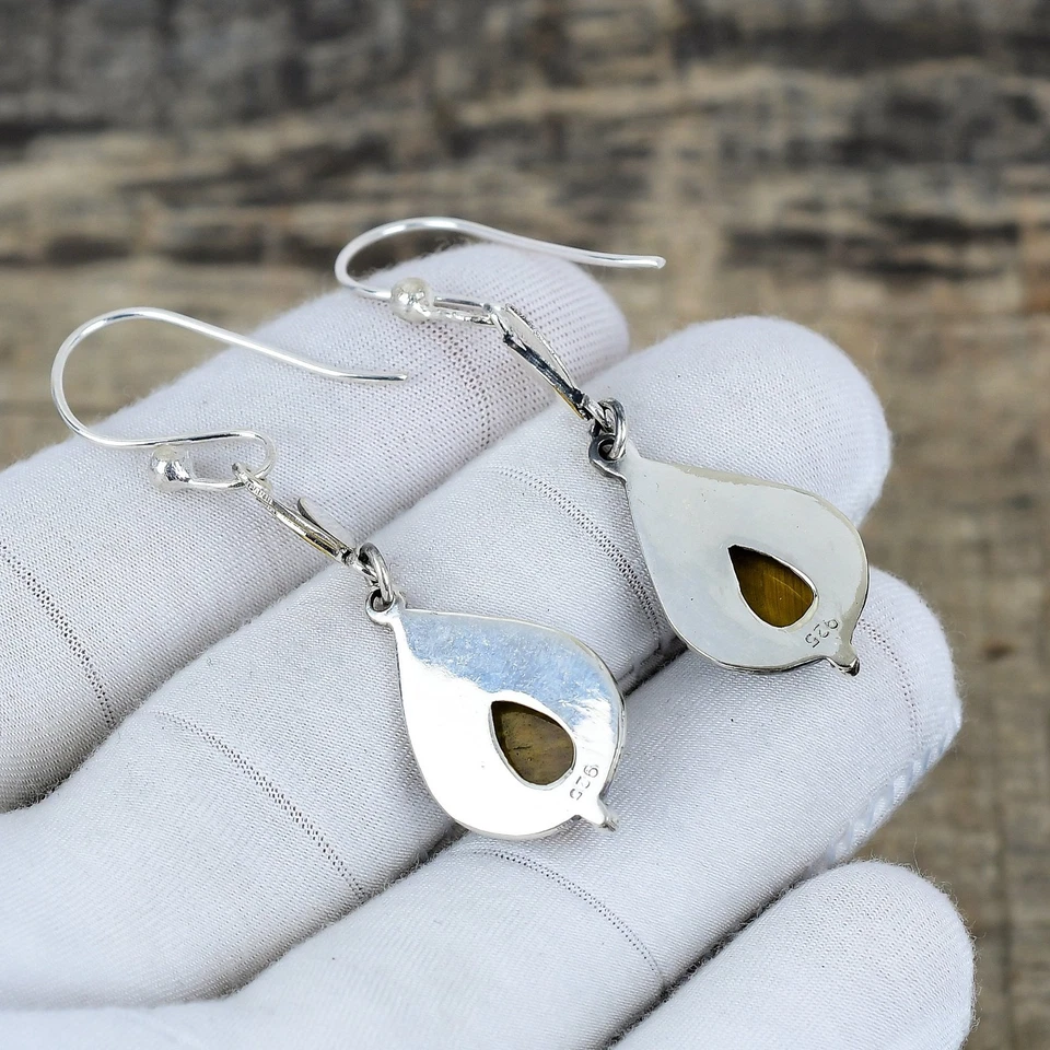 Naturale Tigre Occhio Gemma Orecchini 925 Argento Sterling Artigianale Gioielli - Immagine 4 di 4