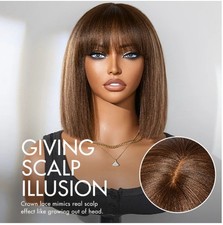 Ash Blonde Highlights Yaki Blunt Cut Bob Wig with Bangs Glueless Minimalist Lace