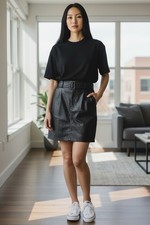 Express Women  s Genuine Leather Black Belted Paperbag Mini Skirt Size 5/6