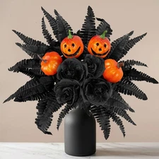 32pcs Halloween Decorations,19inch Black Artificial Flowers with Pumpkin Rose...